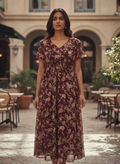 Women's Maroon Floral Printed V-Neck Midi Dress
