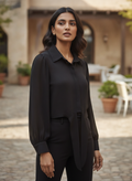 Women's Black Tie-Front Button-Up Long Sleeve Top