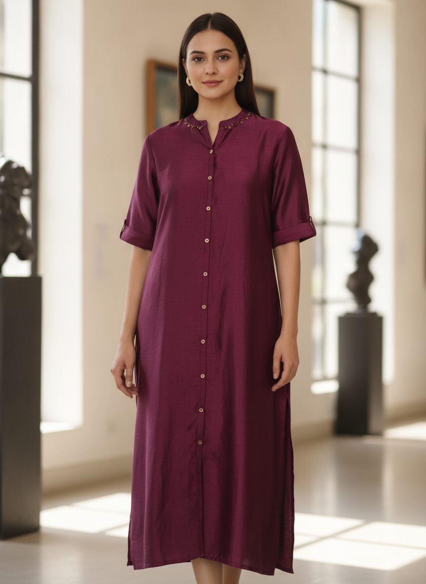 Women's Wine Solid Straight Kurti