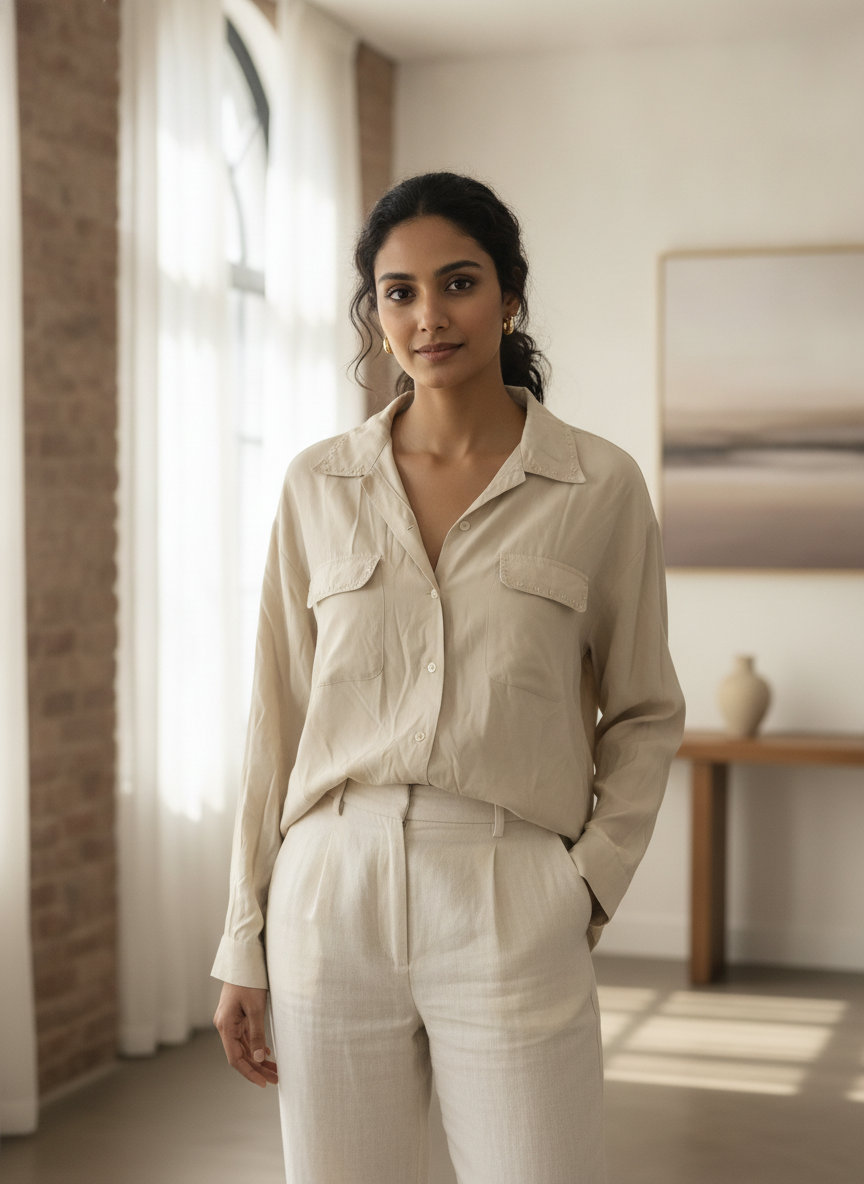Beige Solid Regular Fit Casual Shirt