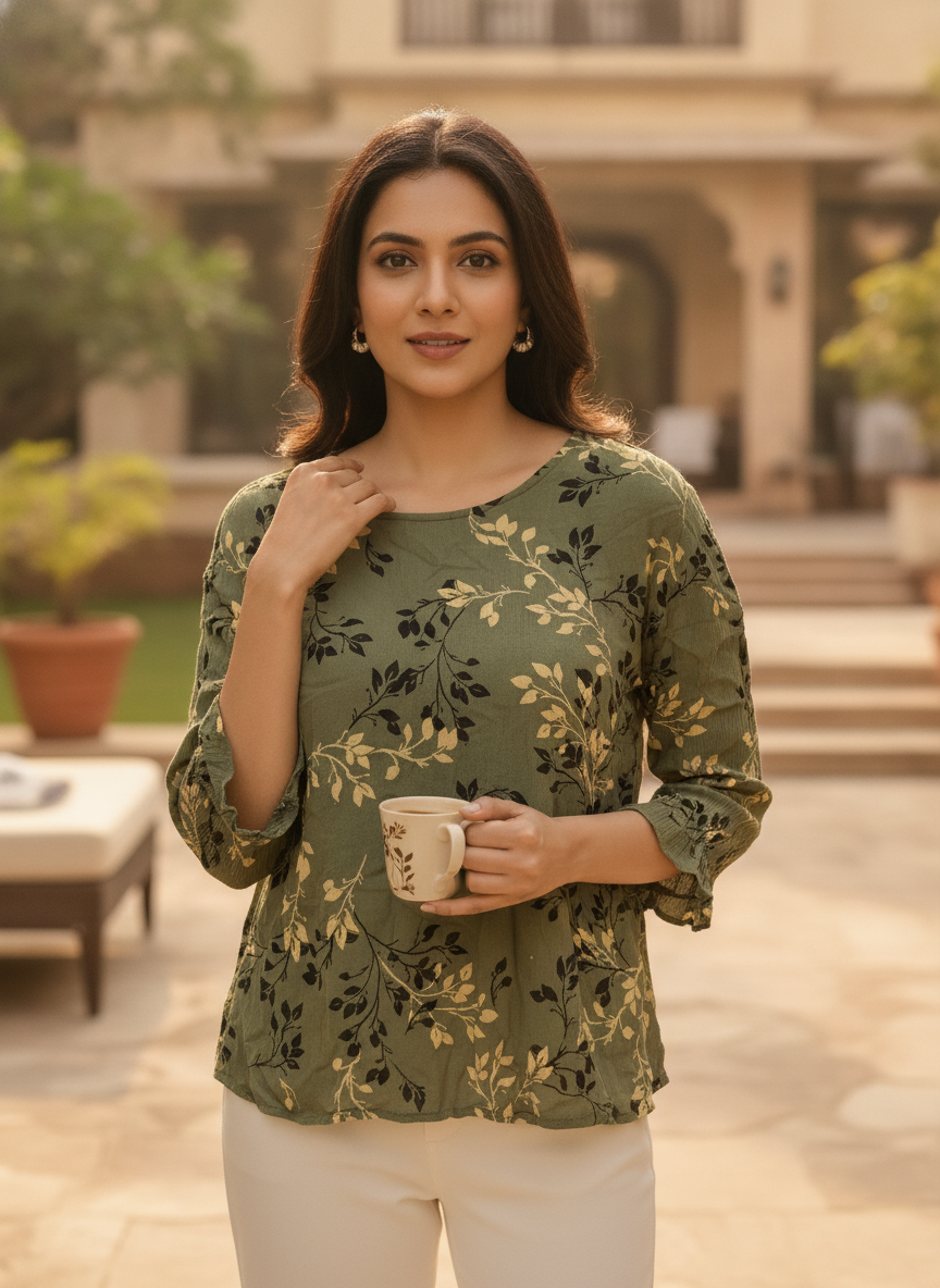 Olive Green Floral Printed Rayon Top