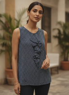 Women's Dark Blue Printed Sleeveless Ruffle Top