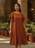 Women's Rust A-line Solid Dress with Ruffled Sleeves