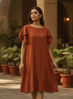 Women's Rust A-line Solid Dress with Ruffled Sleeves