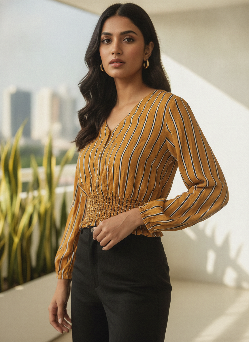 Mustard Striped Shirred Waist V-Neck Top