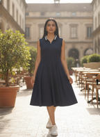 Women's Navy Solid Collared Flared Dress