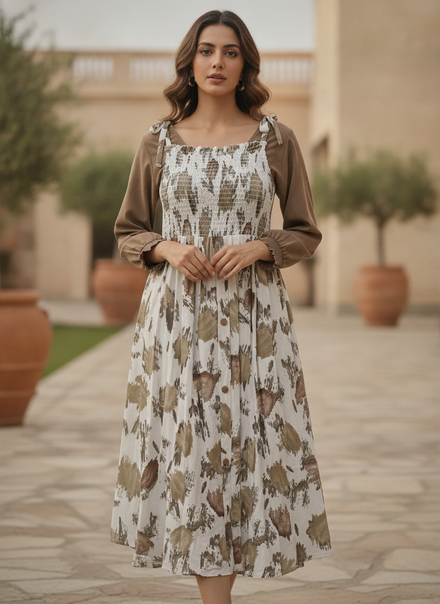 Women's Multi Abstract Print Smocked Flared Dress