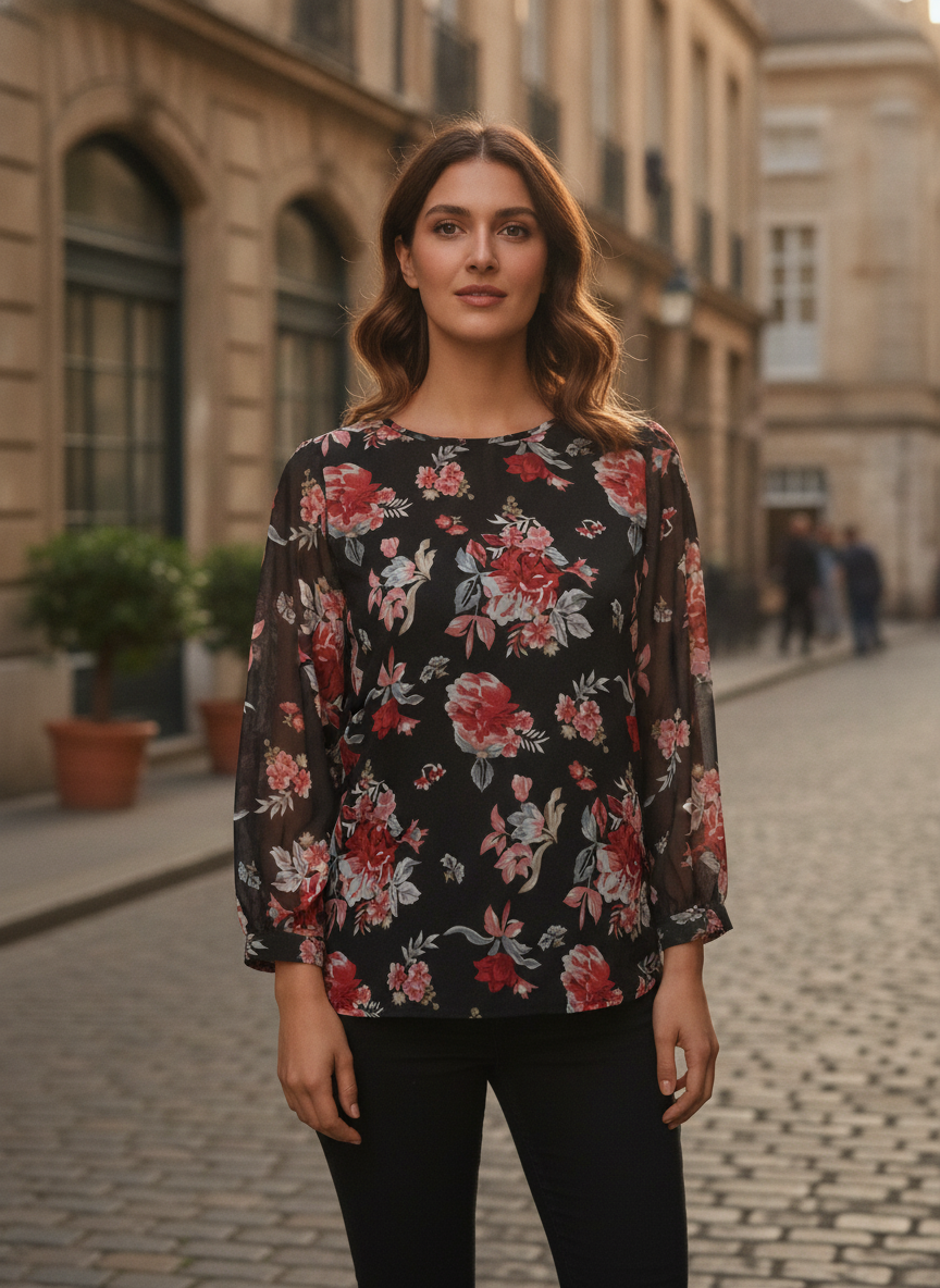Black Floral Print Regular Fit Top