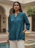 Women's Teal Crinkled Relaxed Fit Tunic Top