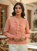 Peach Ruffle Neck Full Sleeve Top