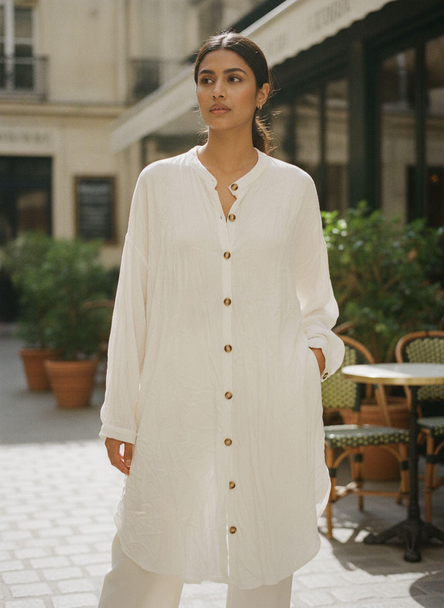 White Solid Oversized Button-Down Tunic Top