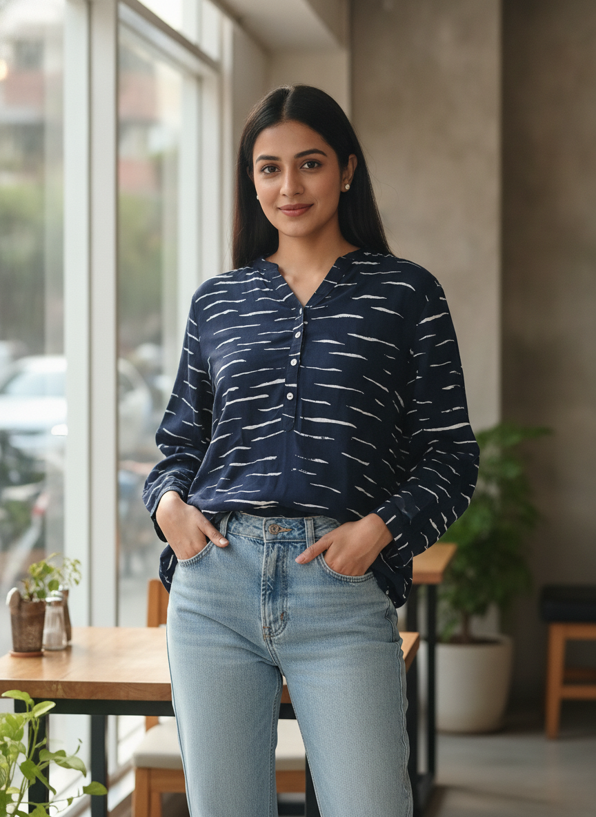 Navy Abstract Print Relaxed Fit Top