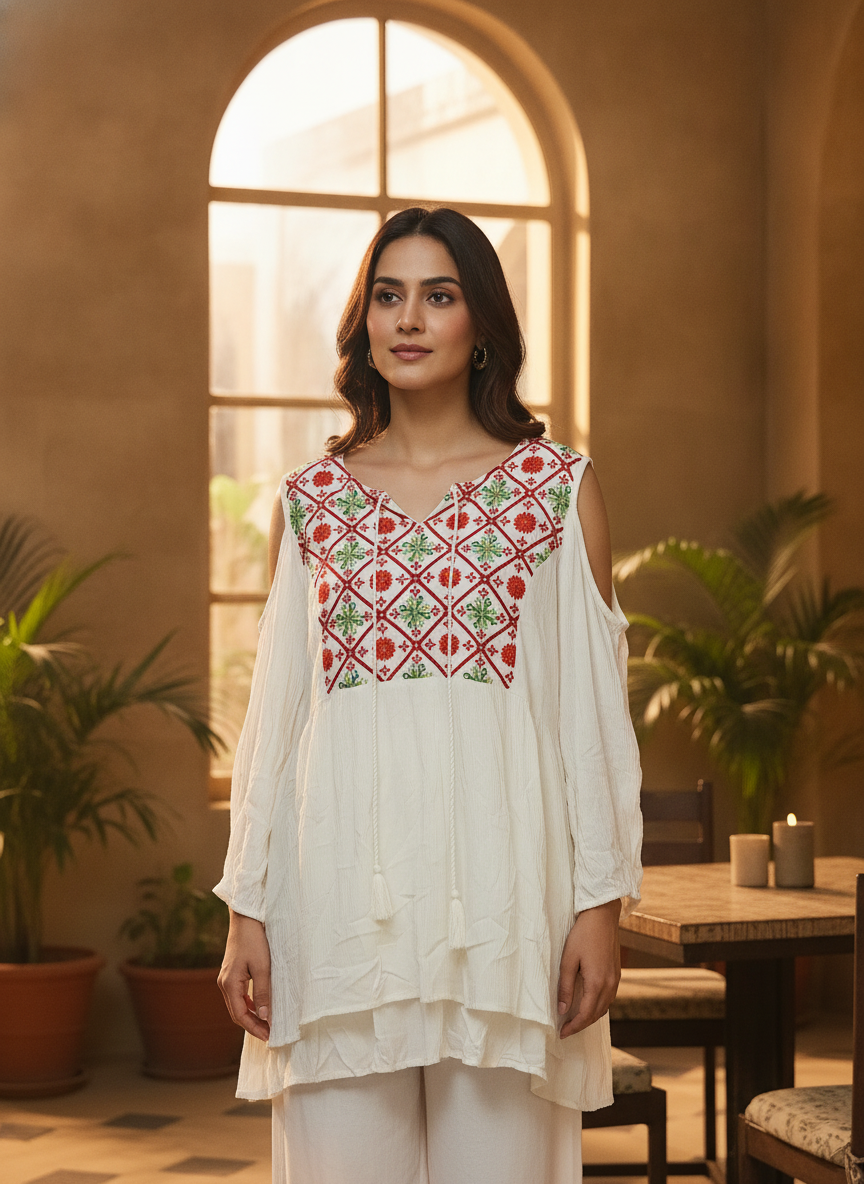 Off White Ethnic Print Embellished Kurti