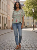 Light Green Floral Print Casual Top with Tassels