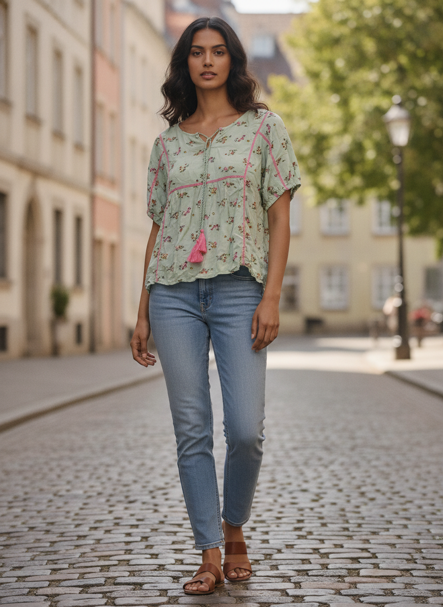 Light Green Floral Print Casual Top with Tassels