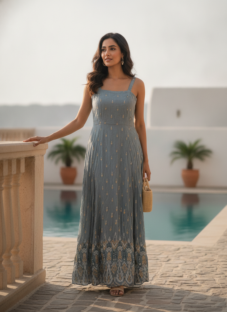Light Grey Ethnic Print Flared Maxi Dress