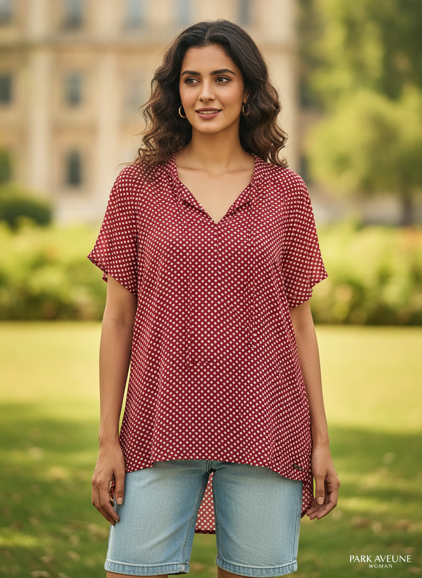 Women's Red Polka Dot Regular Fit Casual Top