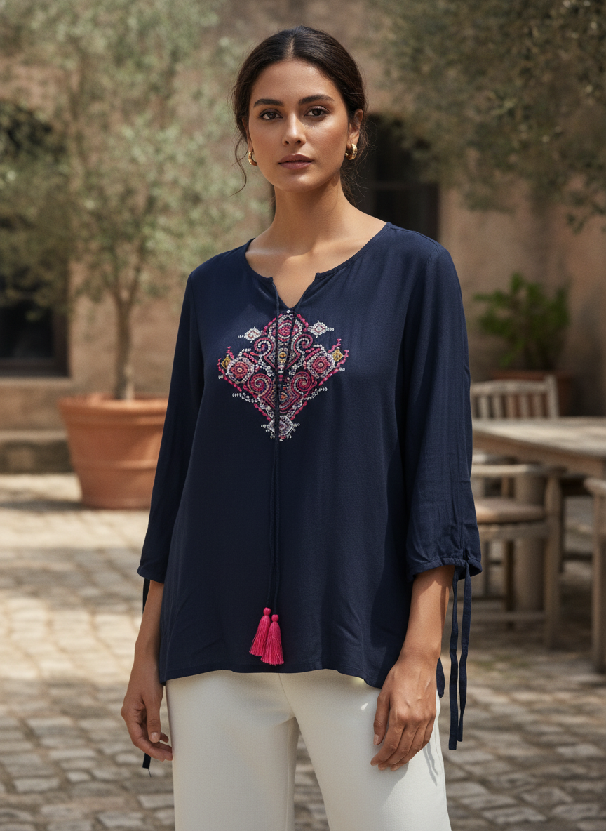 Women's Navy Blue Embroidered Top with Tassels