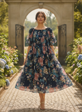 Navy Blue Floral Printed Flared Dress