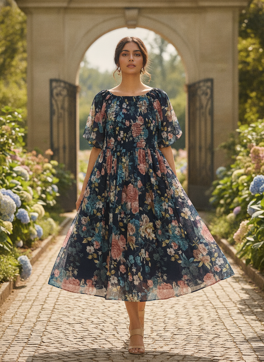 Navy Blue Floral Printed Flared Dress