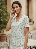 Light Green Floral Print V-Neck Regular Fit Top