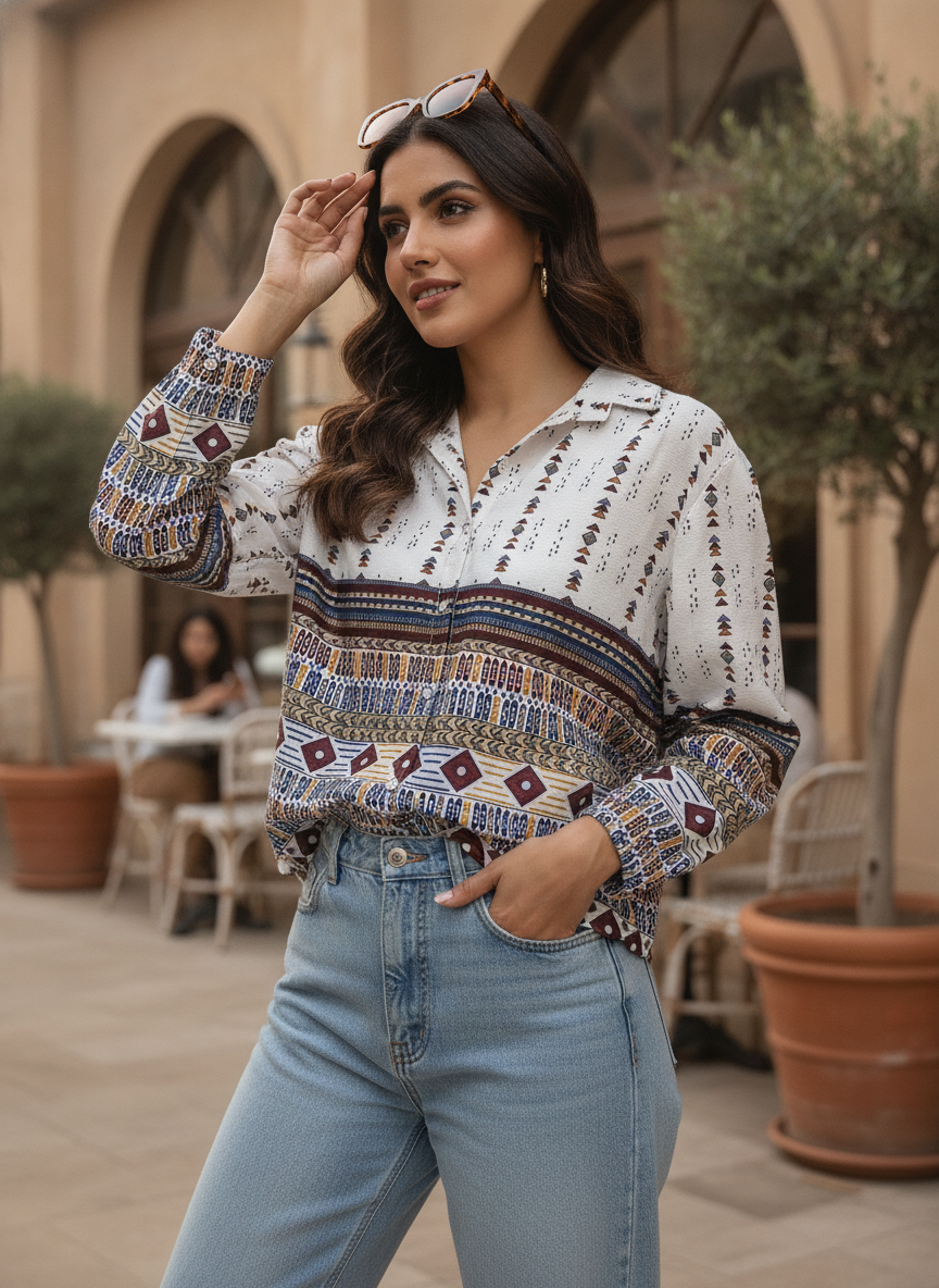 White Ethnic Print Regular Fit Shirt