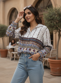 White Ethnic Print Regular Fit Shirt