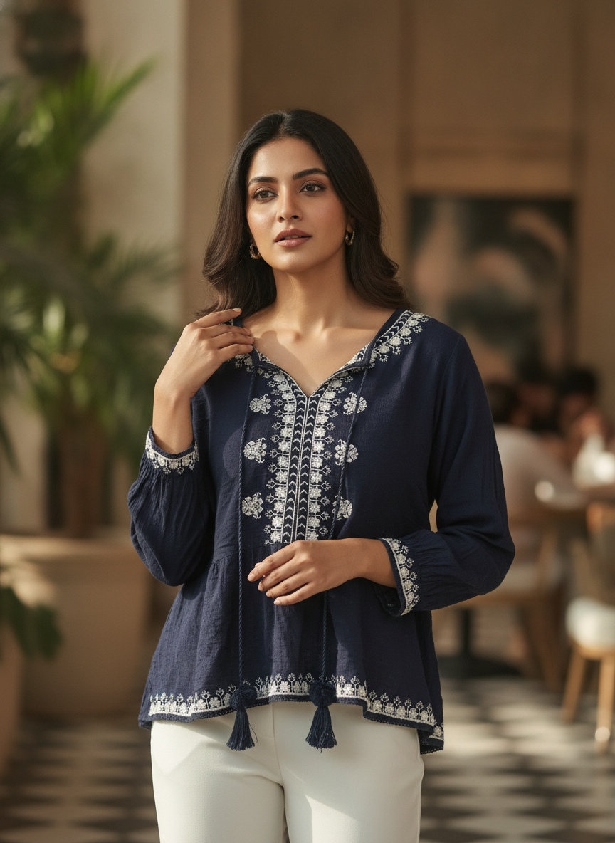 Women's Navy Embroidered V-Neck Top