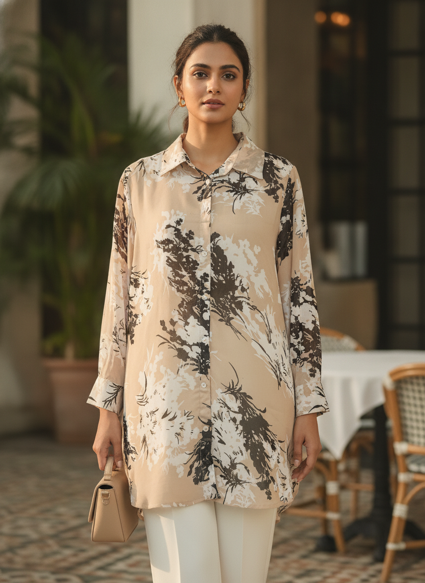 Women's Beige Floral Print Relaxed Fit Casual Shirt
