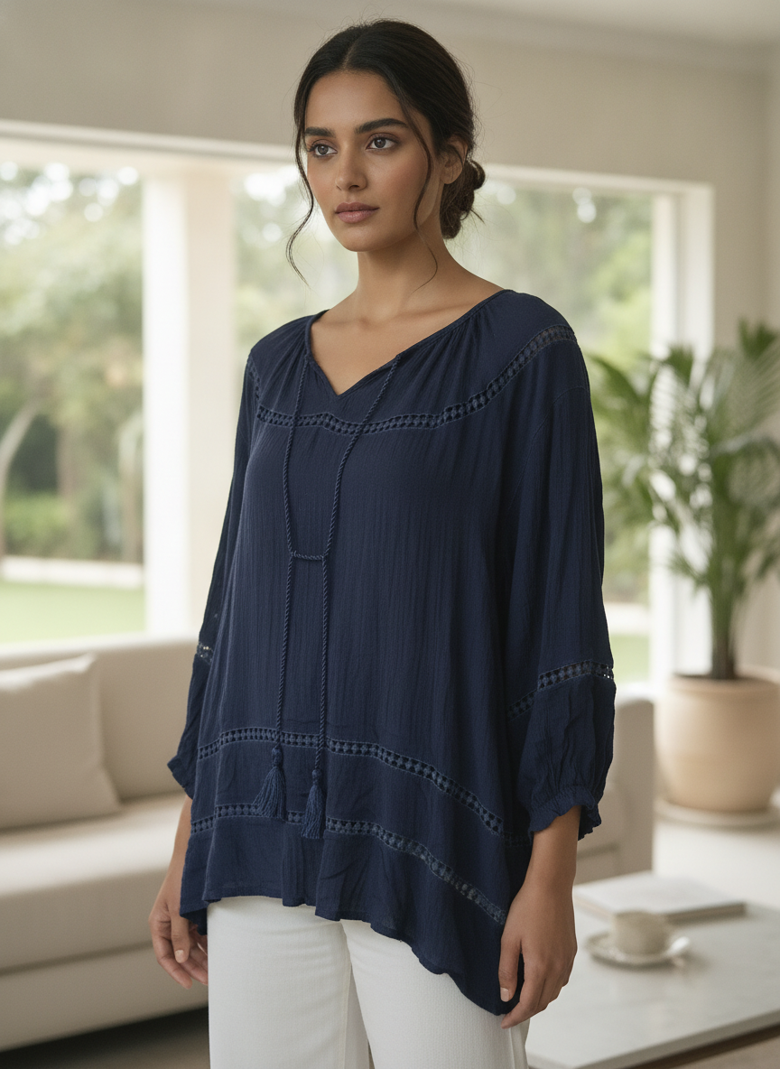 Women's Navy Self Design Relaxed Fit Top
