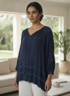Women's Navy Self Design Relaxed Fit Top