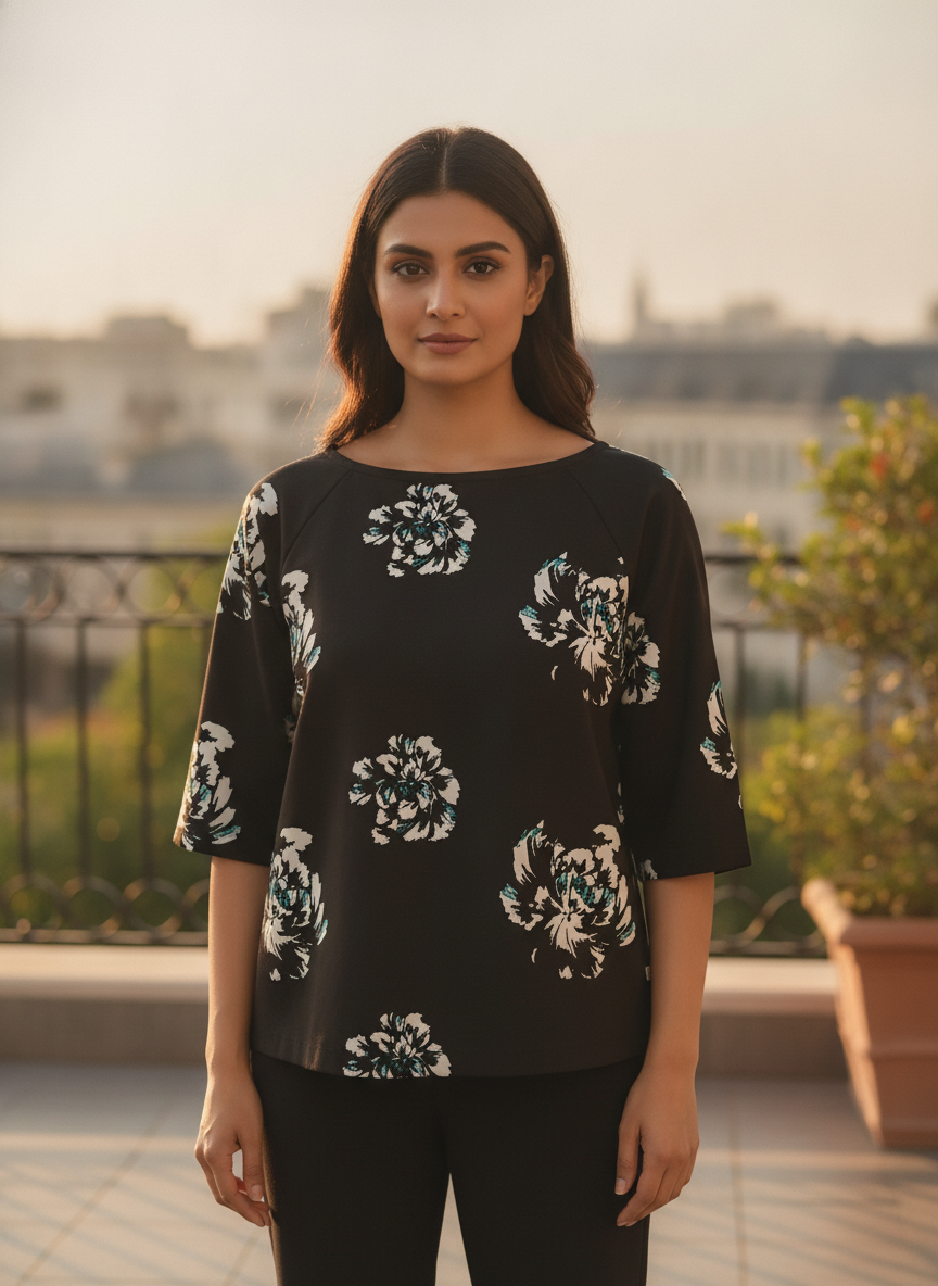 Women's Black Floral Print Boat Neck Top