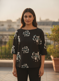Women's Black Floral Print Boat Neck Top