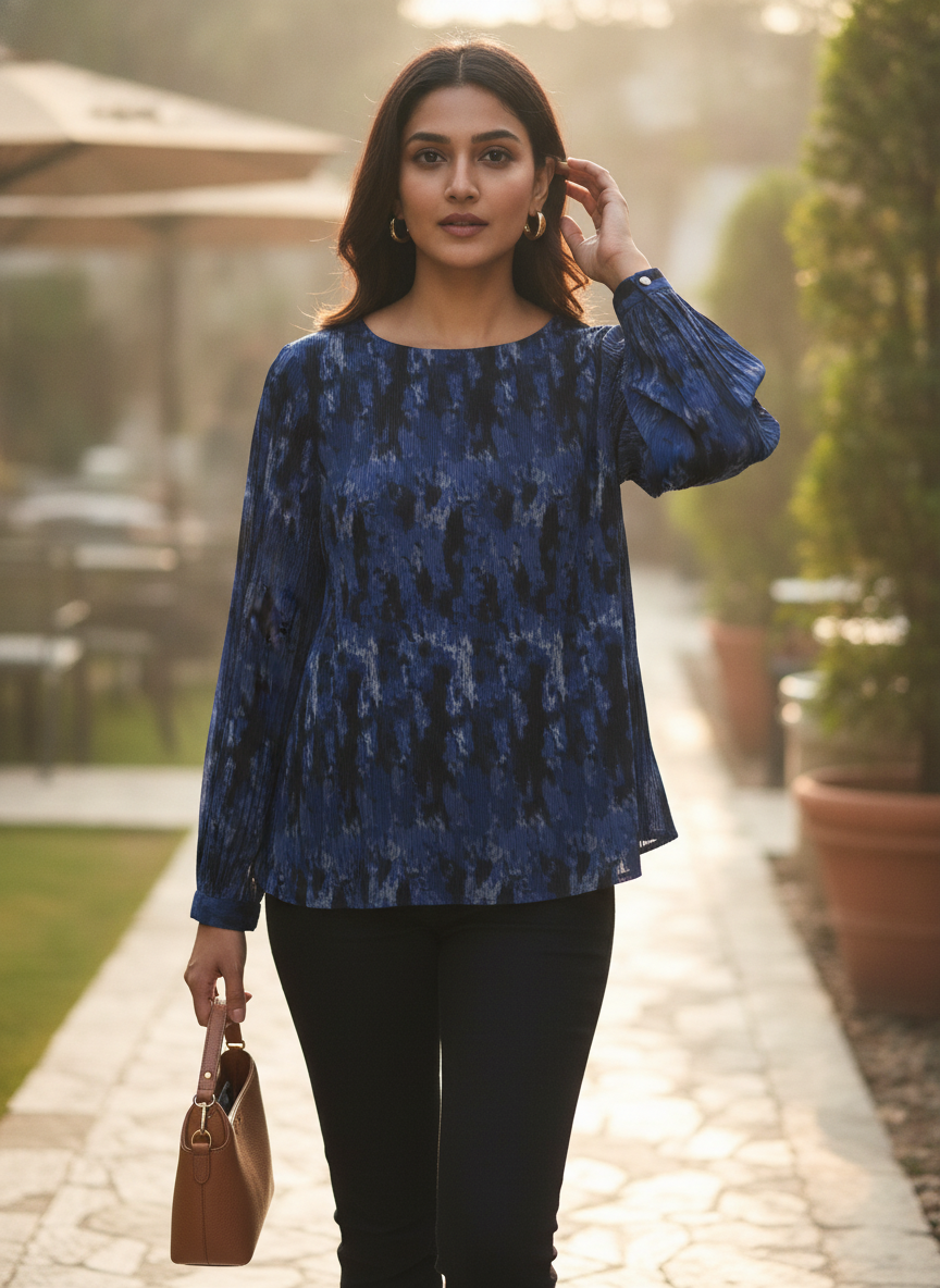 Women's Blue Abstract Print Pleated Top