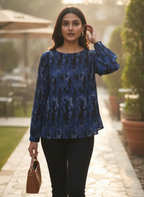 Women's Blue Abstract Print Pleated Top