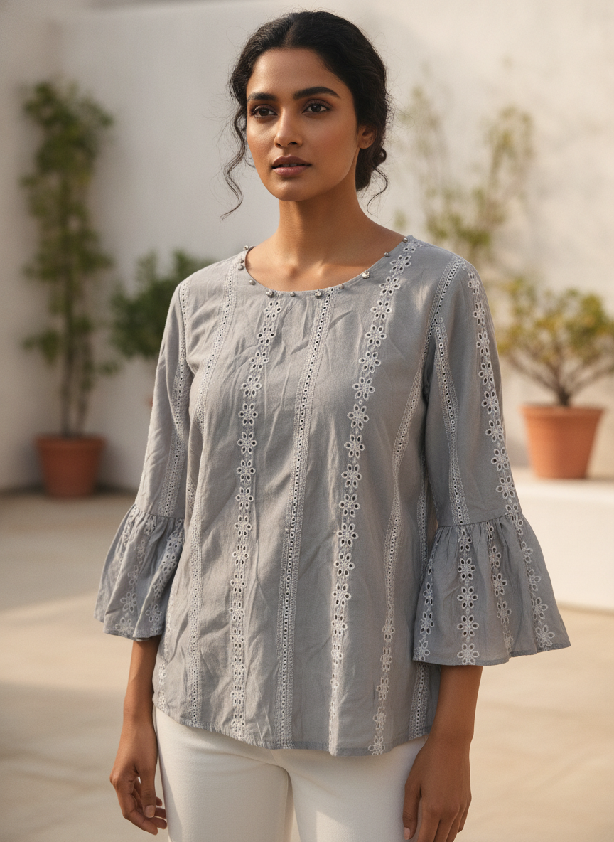 Women's Grey Embroidered Round Neck Top