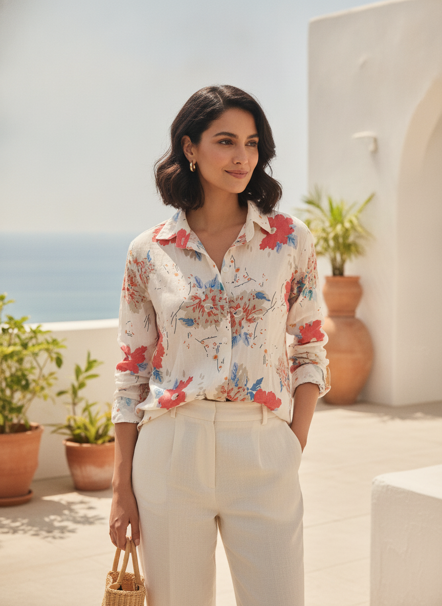 Off White Floral Printed Casual Shirt