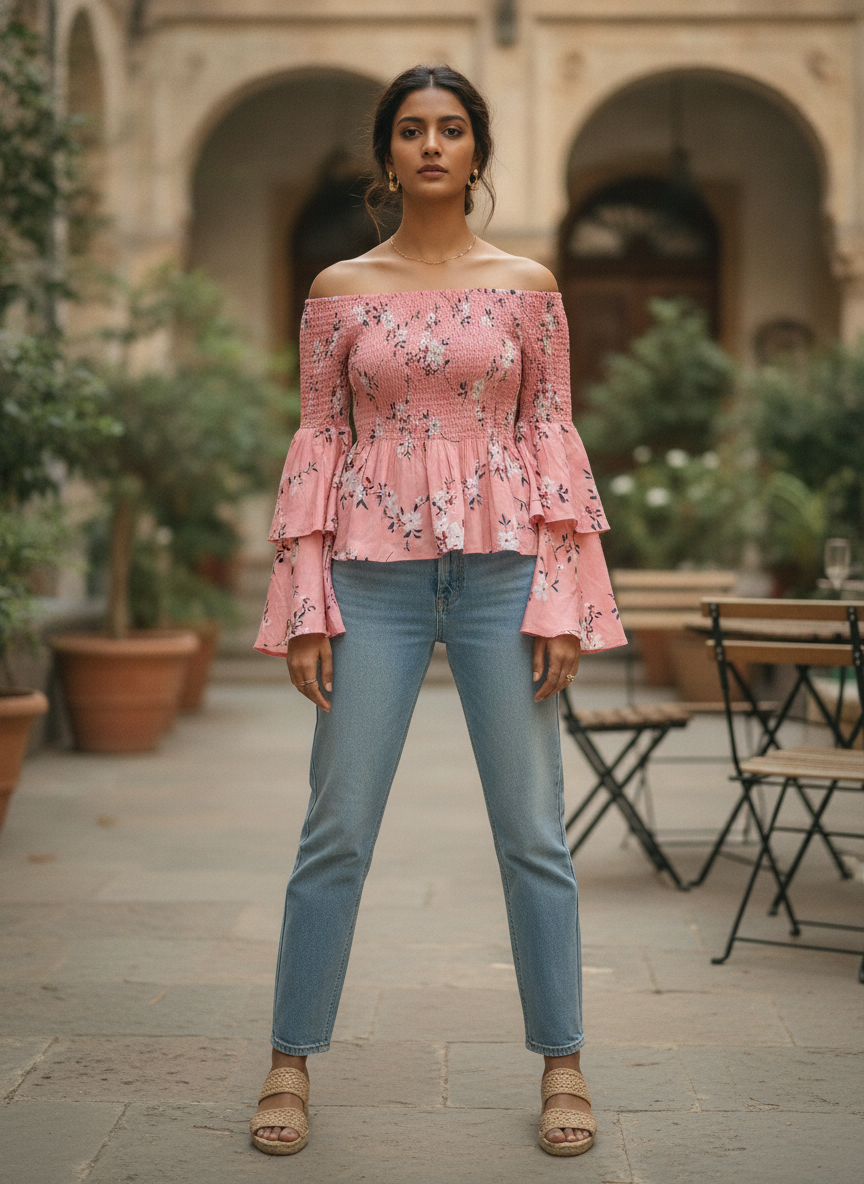Pink Floral Printed Smocked Off-Shoulder Top