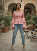 Pink Floral Printed Smocked Off-Shoulder Top