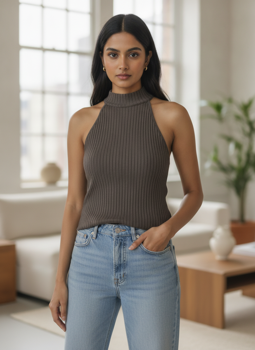 Charcoal Textured Halter Neck Knit Top