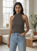 Charcoal Textured Halter Neck Knit Top