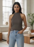 Charcoal Textured Halter Neck Knit Top