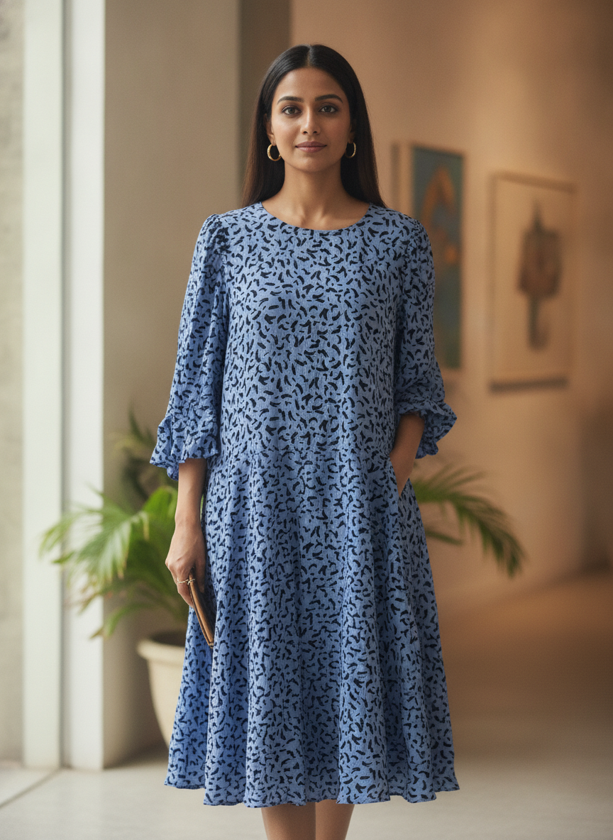 Sky Blue Abstract Print A-line Dress