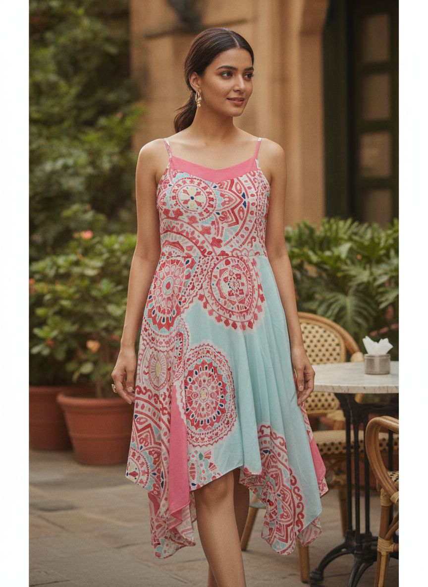 Women's Multi-Color Ethnic Print Flared Asymmetrical Dress
