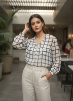 White & Black Checkered Long Sleeve Top