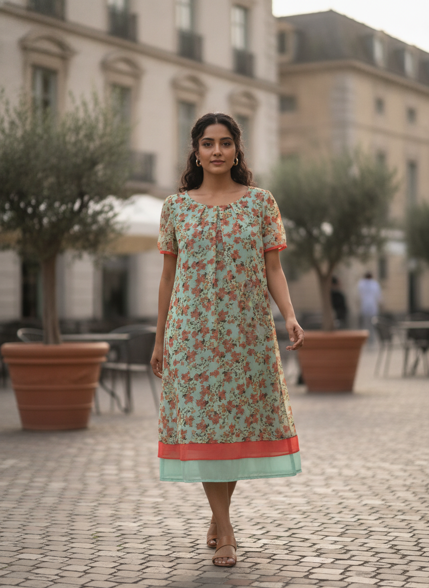 Sea Green Floral Printed Straight Fit Dress