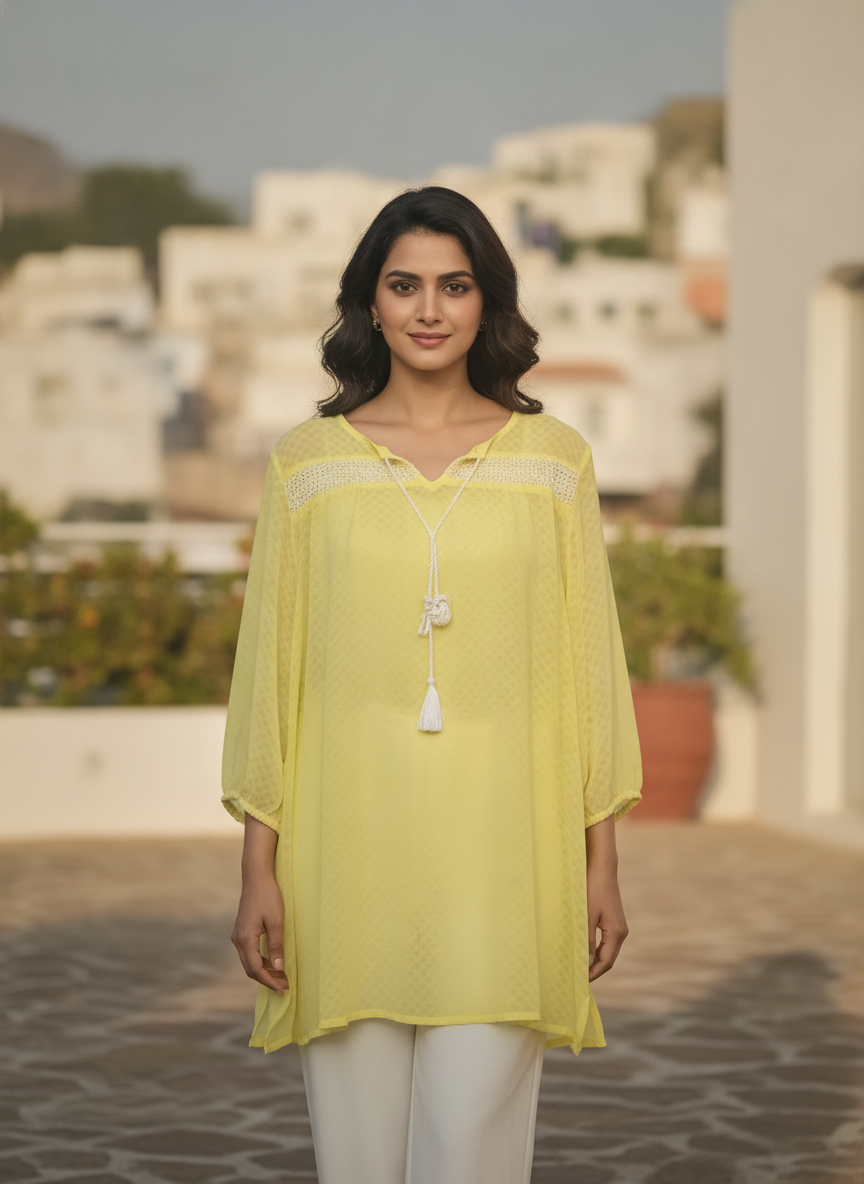 Women's Yellow Self Design Casual Tunic Top