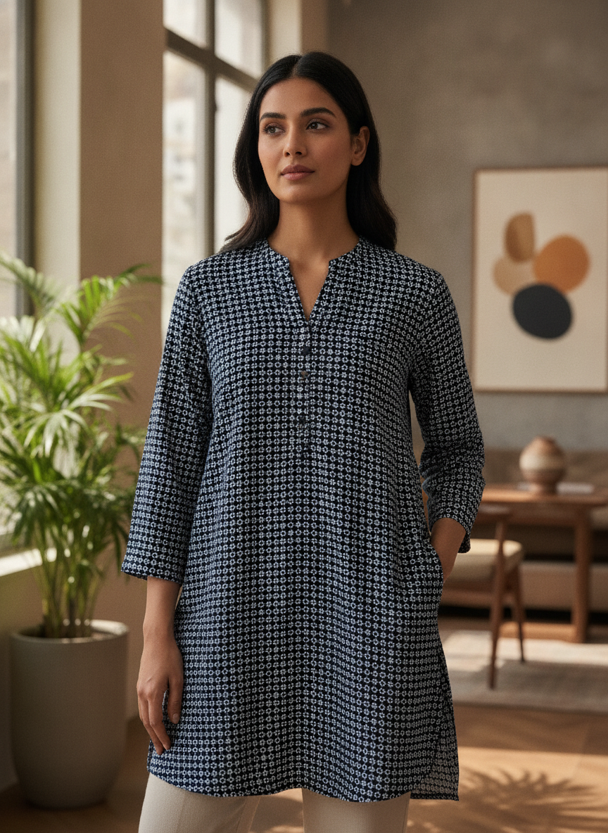 Women's Dark Blue Geometric Printed Long Sleeve Tunic Top