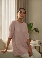 Pink Ribbed Half-Sleeve Casual Top