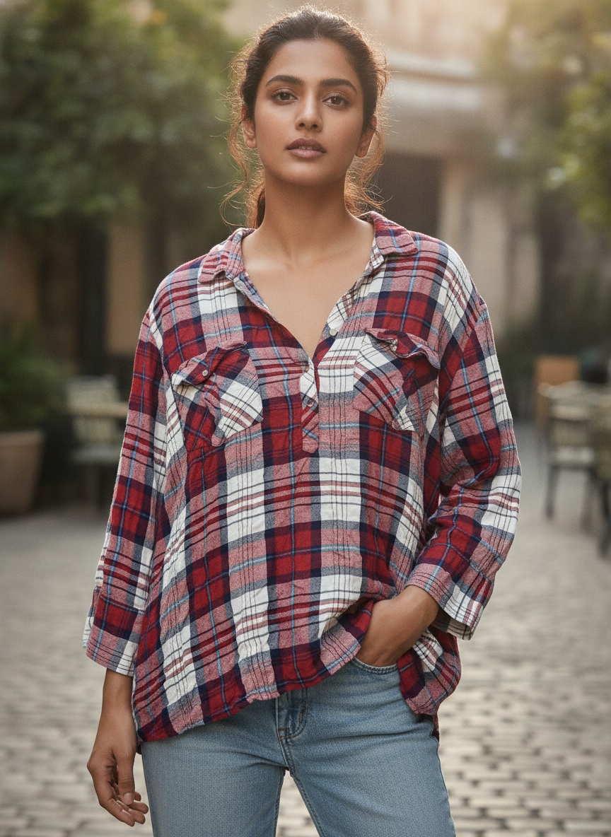 Red & White Plaid Relaxed Fit Casual Shirt